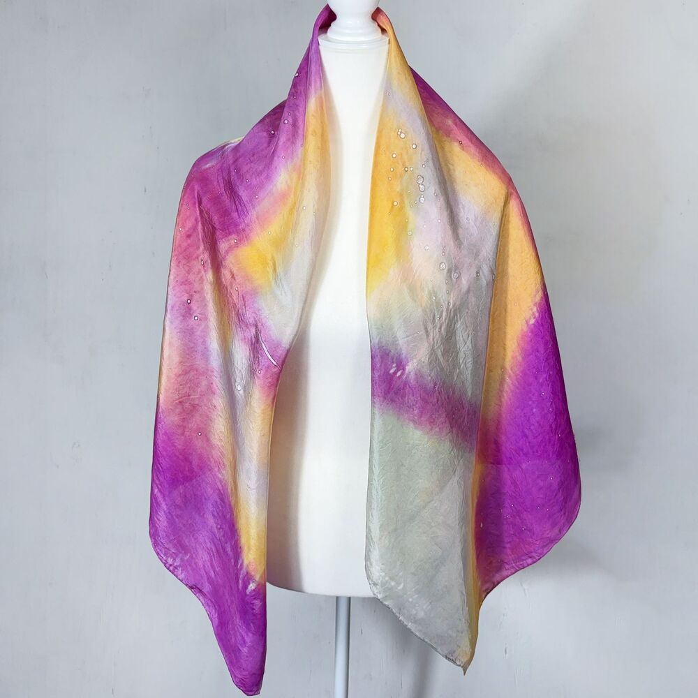 VTG Purple Yellow Tie Dye 100% Silk Square Scarf Hippie Boho Style
